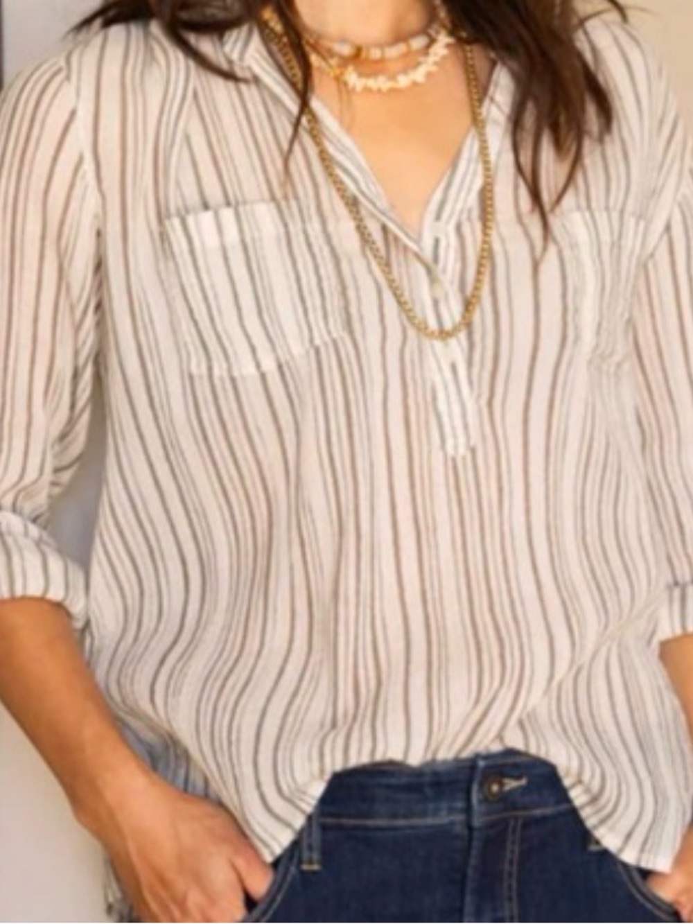 🍨.  Eden & Olivia Cream and Brown Striped Henley Blouse